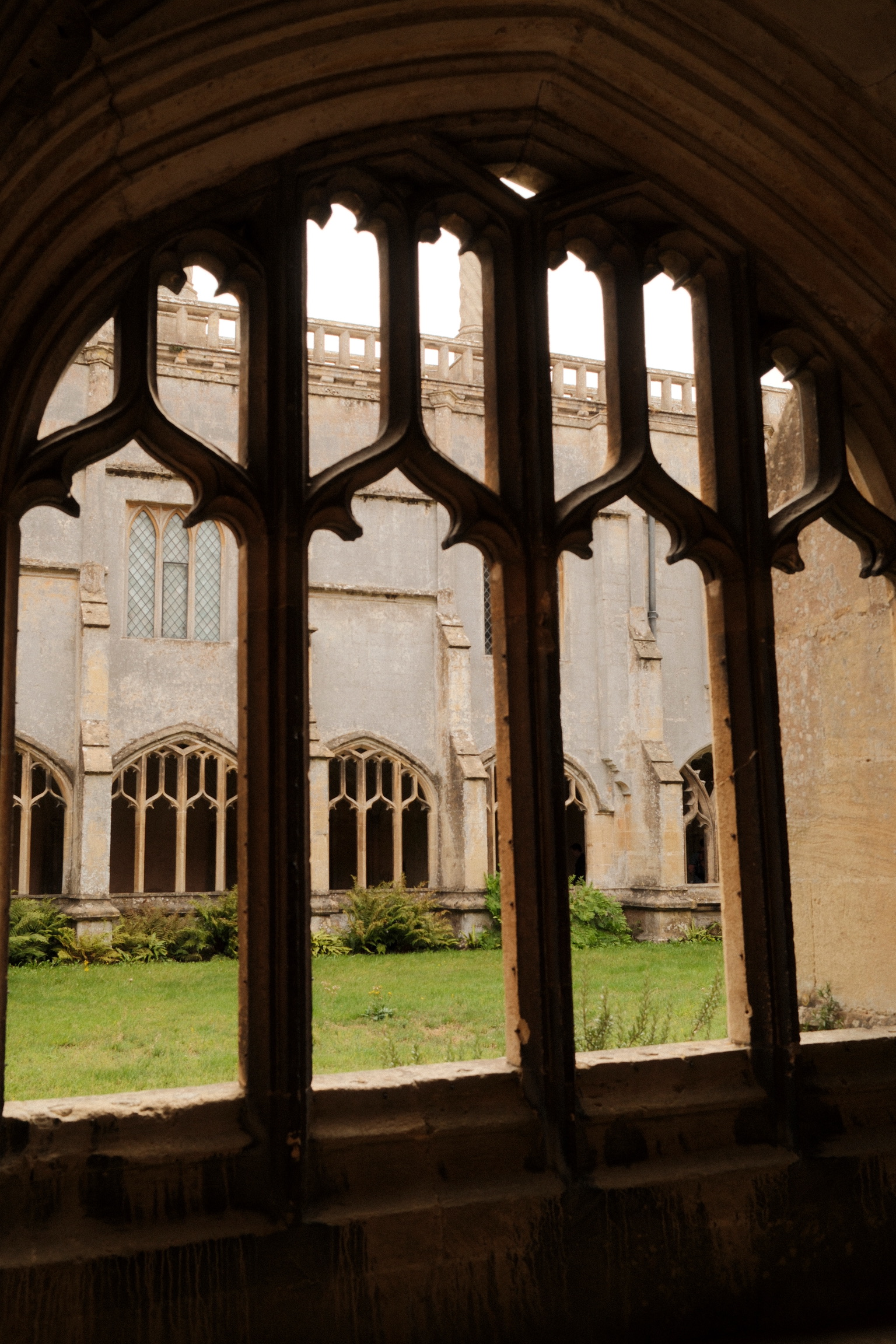 A cloister window frames a sunlit courtyard