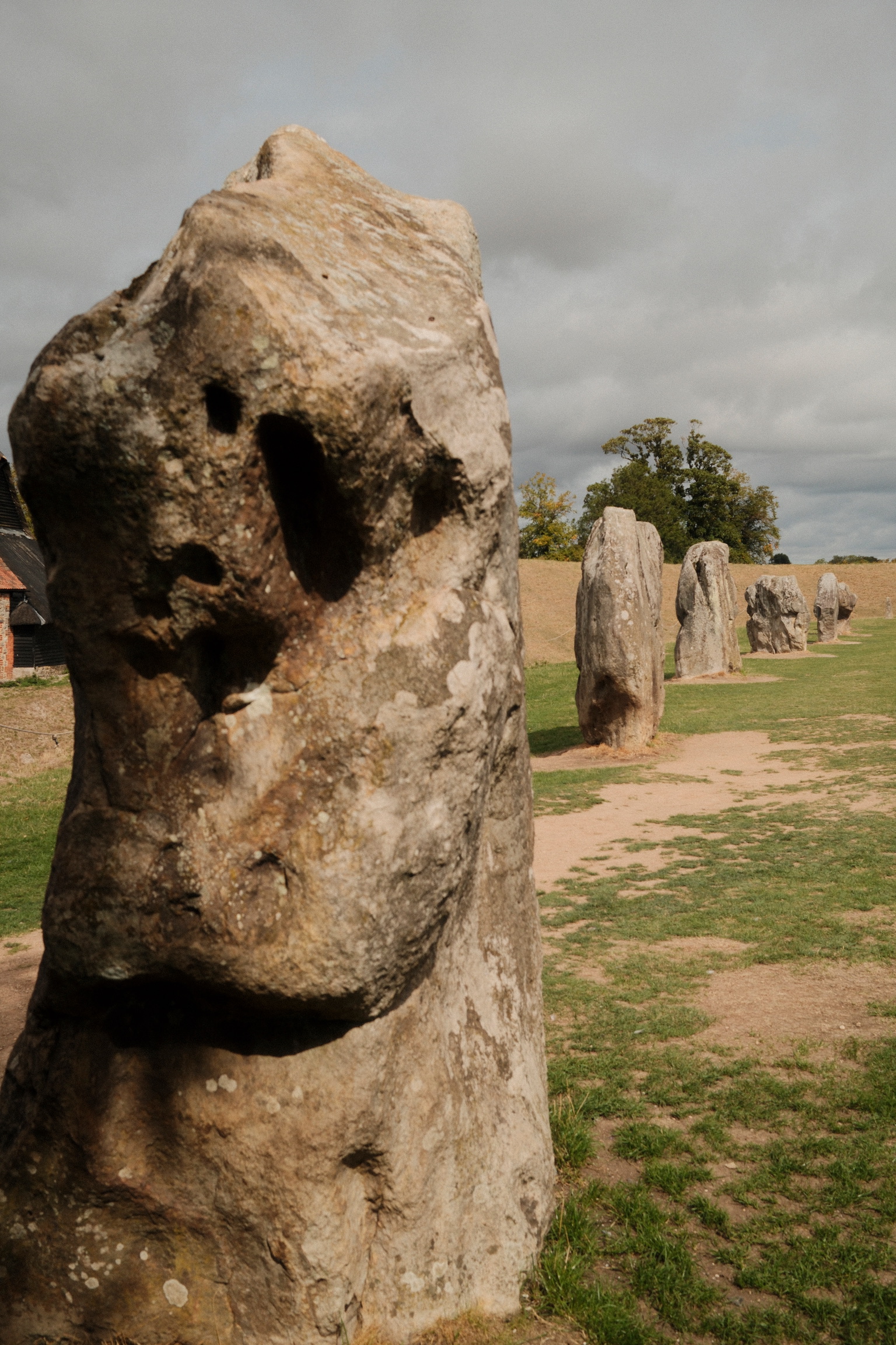 A weathered standing stone with other stones receding across a field