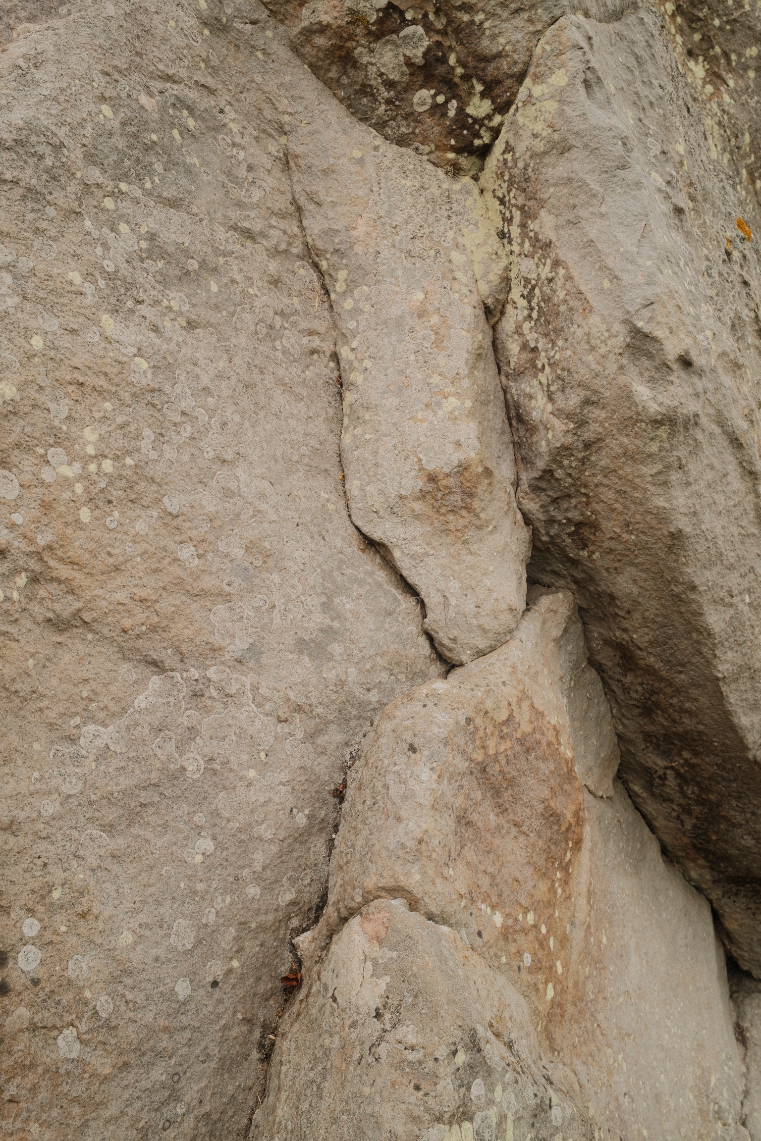 A close view of fractures and seams in pale stone